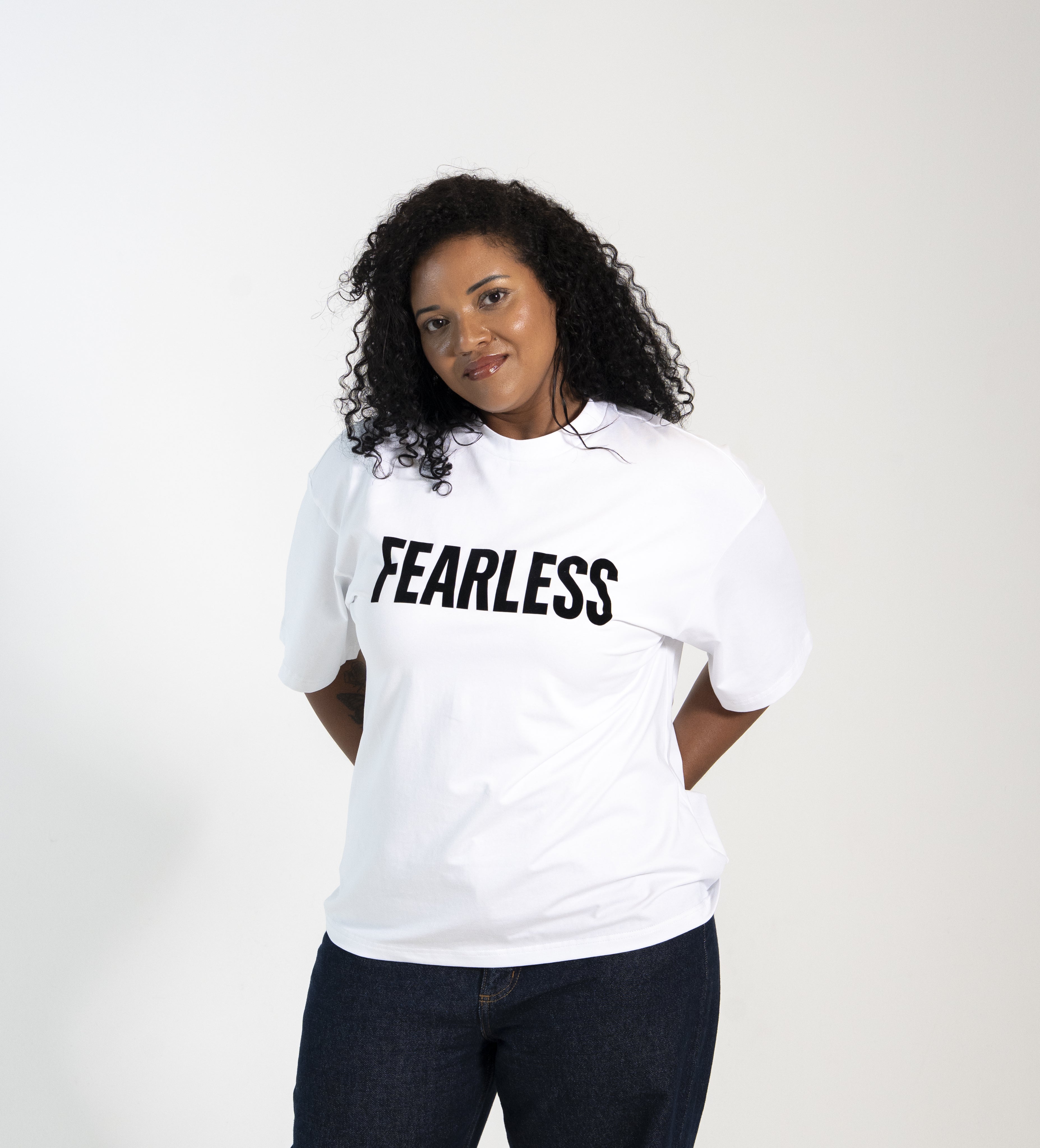 Women wearing FEARLESS oversized t-shirt with a relaxed fit for everyday style