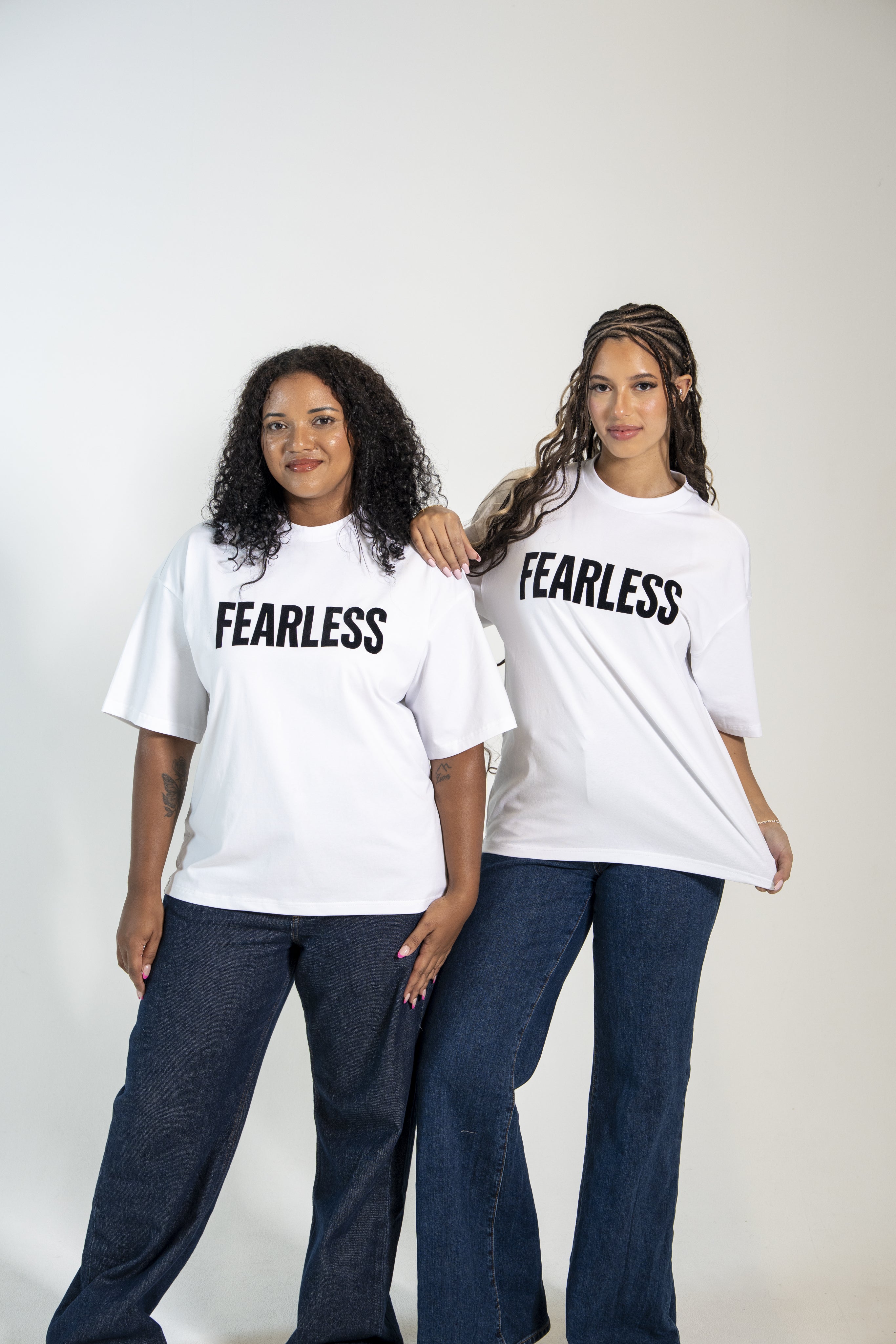 Women wearing FEARLESS oversized t-shirt with a relaxed fit for everyday style